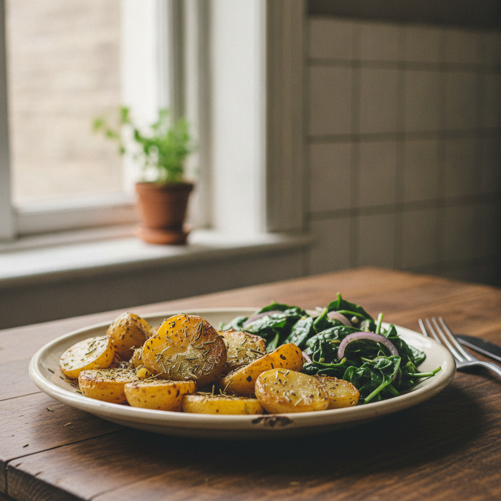 Garlic Roasted Potatoes with Warm Spinach Salad
